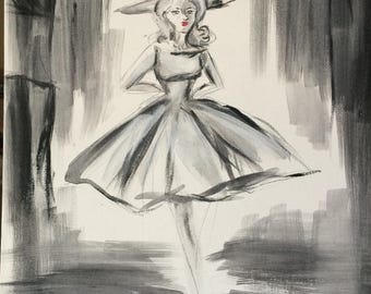 Rainy Day Woman Art Print. Gifts for her. Art under 20. Fashion Illustration. Vintage inspired. Grayscale. Mother’s Day. Powder room art.