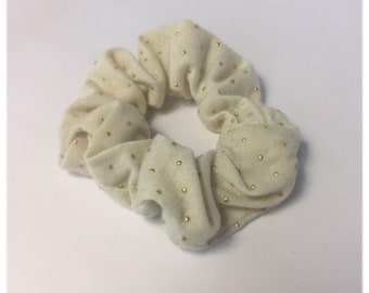 Original handmade scrunchie. Recycled materials. Gold and white scrunchie. Handmade hair accessories. Hair accessories. gifts under 10.