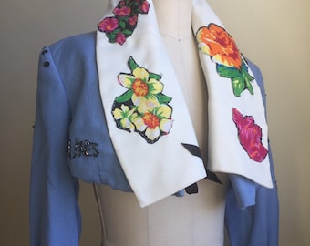 Rock-a-billy Cropped Jacket. Upcycled. Handsewn embellishments. Vintage Style. Eco-conscious. Recycled Clothing. Zero waste fashion. Blue.