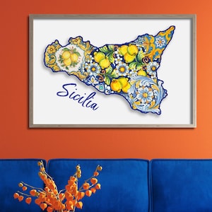 Sicily Map Poster: Colorful Italian Tile Art