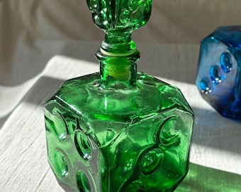Vintage Empoli 'Dice' decanter, emerald green glass decanter, Italian MCM