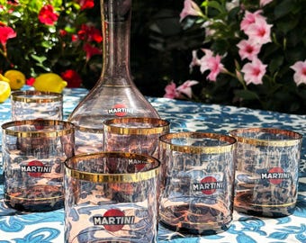 RARE 1950s Martini Glass Decanter Set, 6 lowball Tumblers, 24K Gold Trim, Italian Barware