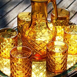 Vintage Italian Amber Glass Carafe & Tumblers Set: Bormioli Parma, 1960s-70s