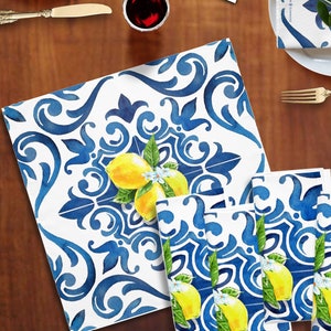 Napkins BLUE TILES & lemons- set of FOUR ,Amalfi Riviera, Lemon napkins, Italy wedding napkins, Italy cooking, Amalfi Coast, Capri,