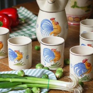 Italian vintage ceramic set from Puglia, 6 latte mugs and carafe 1980s , ceramic set with rooster from Puglia, Puglia rooster set