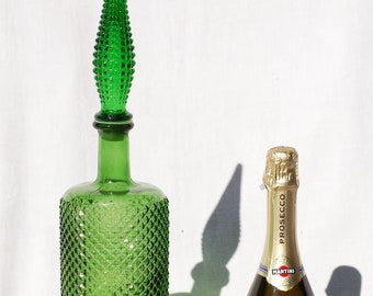 Vintage Emerald Green Glass Genie Bottle Decanter: Italian Empoli Diamond Design