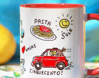 Mug Italian lifestyle | Fiat 500, Vintage Vespa, Spaghetti, Pizza, Gelato, Chianti, Italy gift, Italy souvenir, Italian wedding, Italy vacay