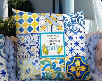 Italian Tile Pillow Cover: Amalfi Decor, Italy Travel Quote