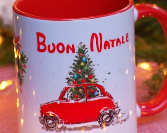 Italië XMAS-mok Vintage Italiaanse auto met kerstboom, Buon Natale!