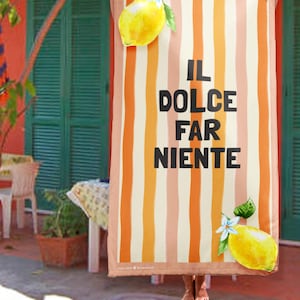 Strandlaken Il Dolce Far Niente, handdoek Italiaans citroenthema, vakantie Italië, strandtijd Italië, reiziger Italië, zomercadeau Italië, Italiaans