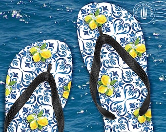 Italy Flip Flops: Blue Tile & Lemon Print, Italian Vacation