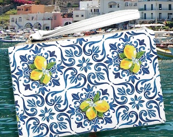 Blue Tile & Lemon Wristlet Bag: Amalfi Coast Italy Clutch