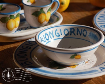 Set of 2 Sicilian Maiolica ceramic bowls  BUONGIORNO LIMONI, designed by Italian Summers, hand-crafted in Sicily, Artisanal product, Italian