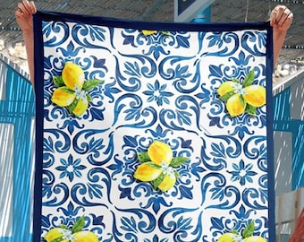 Italian Lemon Beach Towel: Amalfi Coast Blue Tile Print