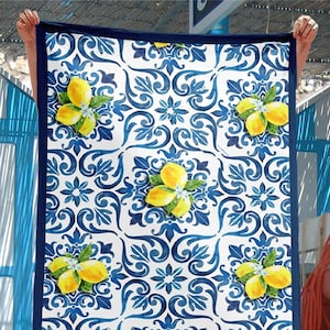 Beach towel Italy blue tiles and lemons, maiolica beach towel, Italian Beach,  Amalfi Coast, Positano, Capri, Amalfi Lemons, Sorrento Lemons
