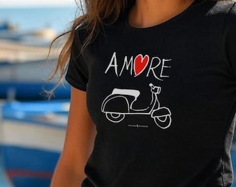 T-Shirt: Vintage Italian Scooter AMORE, Vintage Italy Style, 100% cotton Black