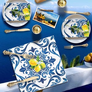 Italy Blue Tiles & Lemons Blossom Napkins, 4-Set | Elegant Table Décor, Summer Gatherings, picnics, Kitchen Essentials, wedding Events Gift