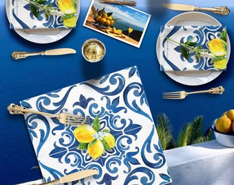 Italy Blue Tile & Lemon Napkins, Amalfi Decor, Set of 4