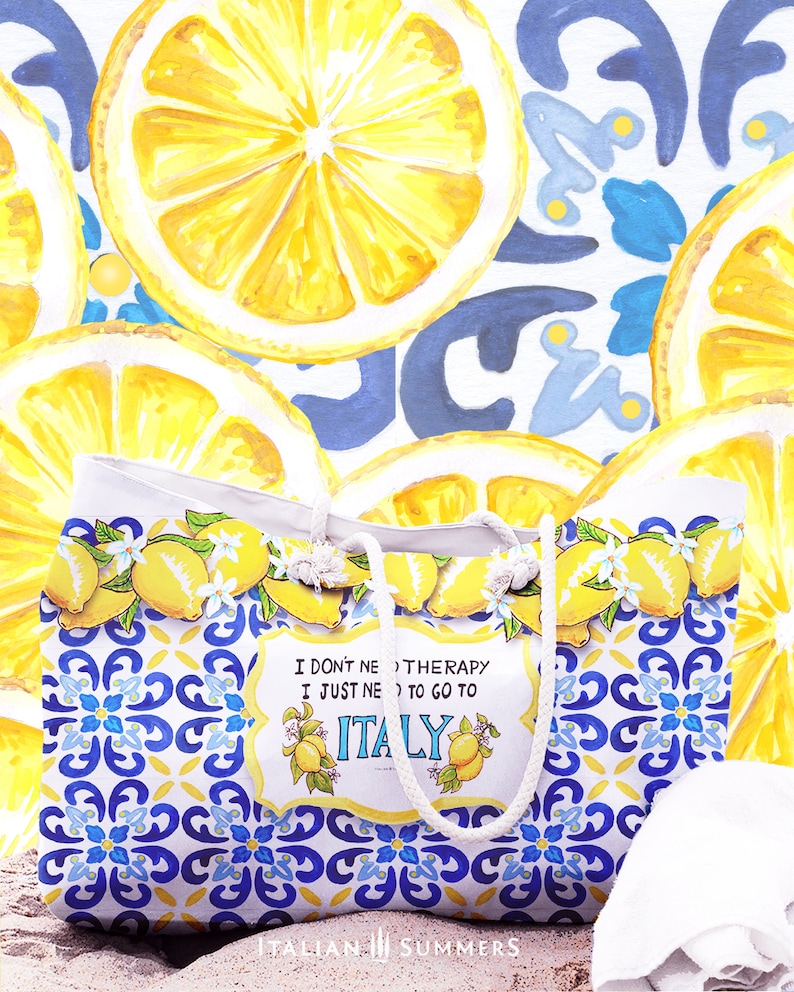 Sac de plage XL JE N'AI PAS BESOIN DE THÉRAPIE juste l'Italie, sac de plage Italie, citrons d'Amalfi, amoureux de l'Italie, mer Méditerranée, Positano, Capri, Sorrente image 4