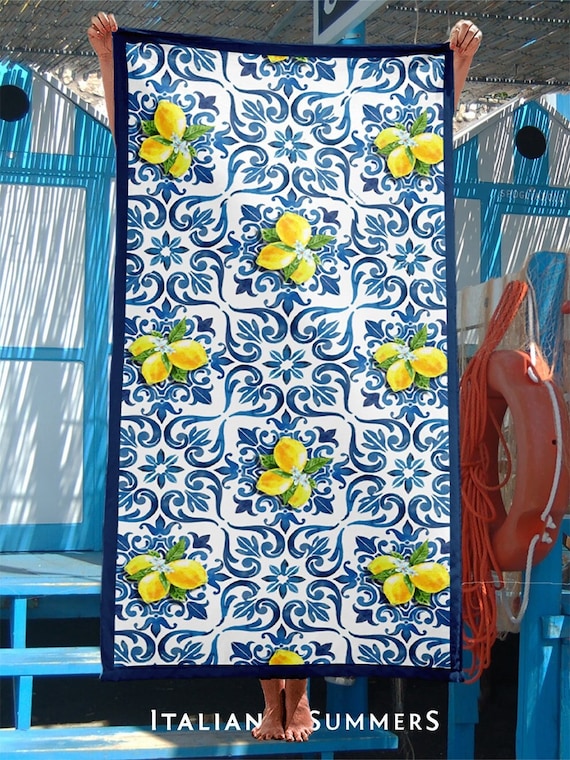 Beach Towel Italy Blue Tiles and Lemons Maiolica Beach Towel Etsy