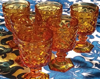 Vintage Amber Embossed Wine Goblets - Bormioli of Parma - Italian Glassware Set
