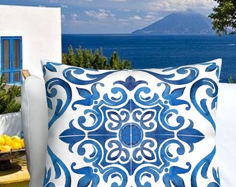 Italian Blue Tile Pillow Cover: Amalfi Coast Decor