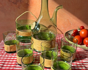 Vintage 1960s RARE  Empoli glass wine set decanter with Ice bucket, six tumblers