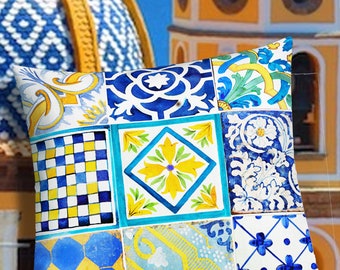 Amalfi Coast Tile Pillow Cover: Italian Decor, Blue Majolica