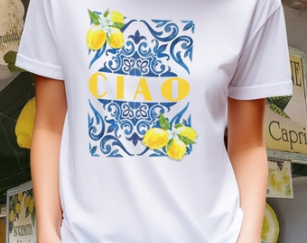 T-Shirt CIAO Blue Tiles and Lemons By Italian Summers