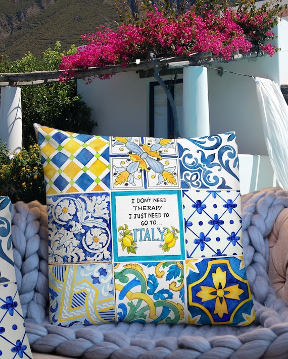Italian Tile Pillow Cover: Amalfi Decor, Italy Travel Quote