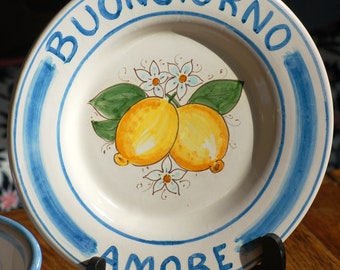 Ceramic Maiolica plate BUONGIORNO AMORE designed by Italian Summers, hand-crafted in Sicily, Italy