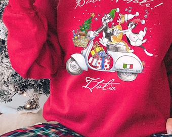 Italy Christmas Sweatshirt Singing Cats on a vintage Italian scooter