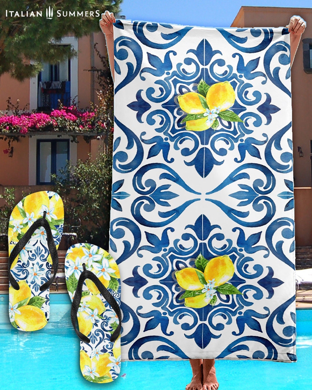 Beach Towel Italy TILES and LEMONS, Italy Beach Towel, Italian Beach