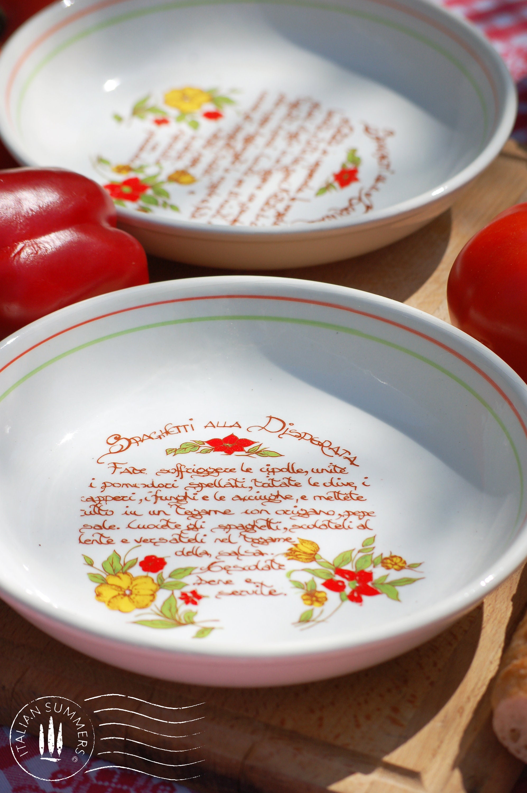 5 italienische dekorative oder funktionale Spaghetti-Teller, Keramikteller mit gedruckten klassischen Rezepten, italienisches Vintage, Made in Italy, 1970er-80er Jahre