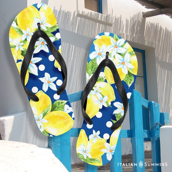 Italy Flip Flops LEMONS and POLKADOTS Blue Italy Lemons Etsy