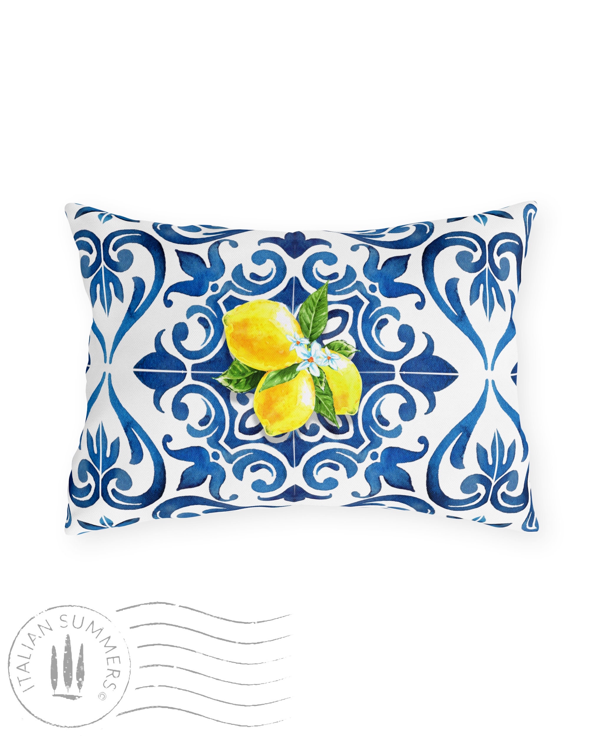 4 Federe Per Cuscino 45x45 Cm Con Limoni Italiani E Piastrelle Blu – Tessuto In Lino, Morbido, Lavabile, Ideale Per Arredo Estivo, Fattoria, Feste A Tema