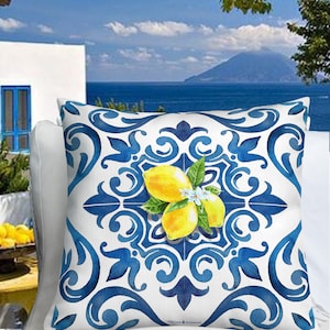 Può includere: Un cuscino bianco con un design a motivi blu e bianchi con limoni e un motivo floreale. Il cuscino ha il testo "ITALIAN SUMMERS" stampato sul fondo.