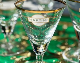 Vintage 1960s Martini Glasses Set of 6 | White Logo Gold Trim, Italian Aperitif