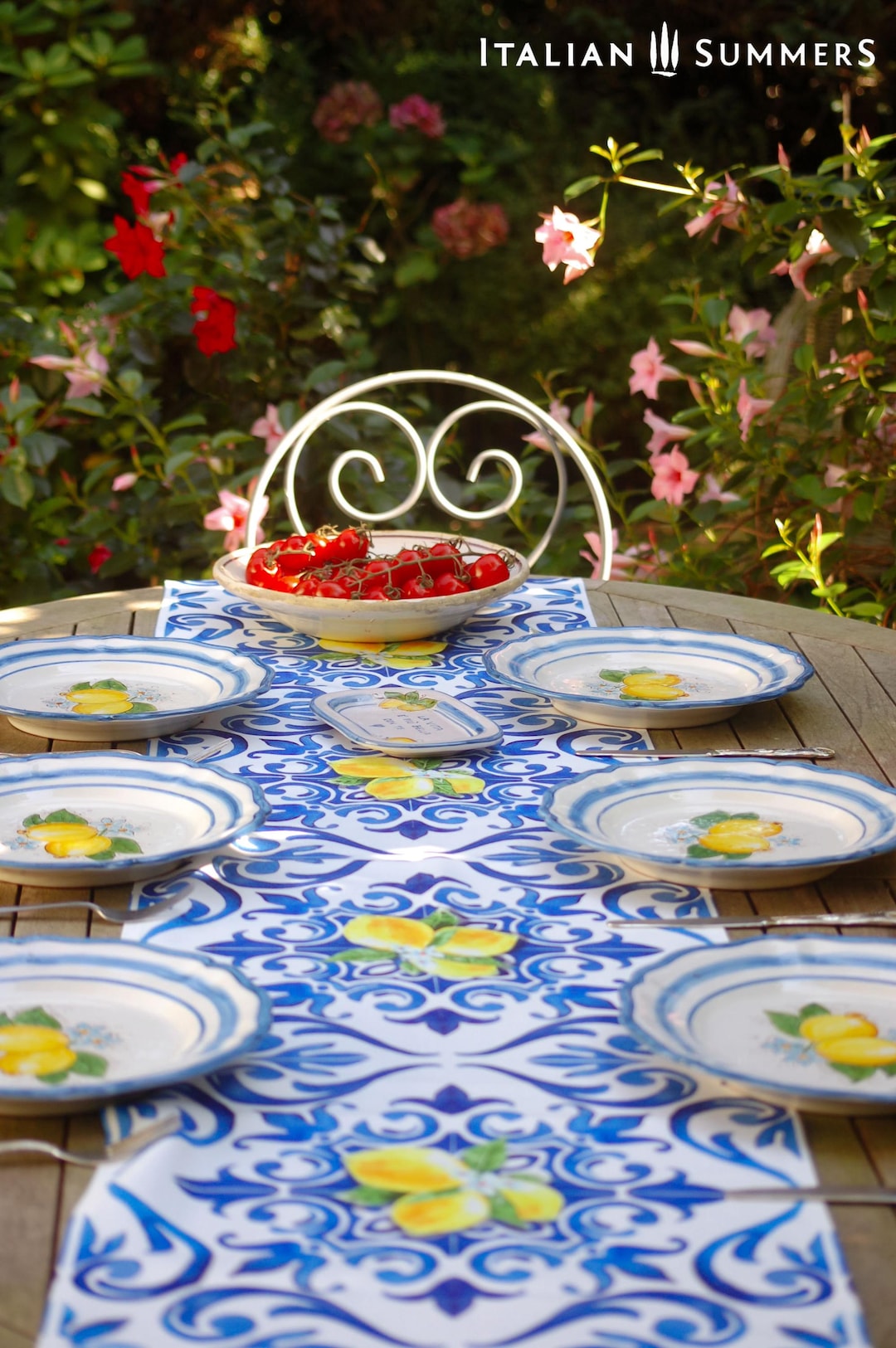 Amalfi Coast Table Runner: Italian Blue Tiles and Lemons, 90