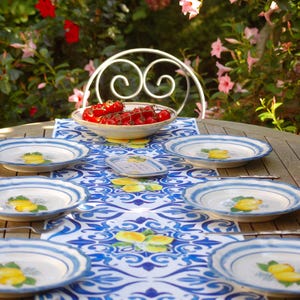 Italy Blue Tiles and Lemons Table runner | Italian tiles, Italy, Amalfi Coast Tiles, Tiles and Lemons, Italy Décor, Italian Table setting