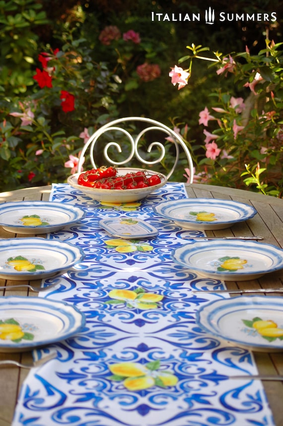 Amalfi Coast Table Runner: Italian Blue Tiles and Lemons, 90