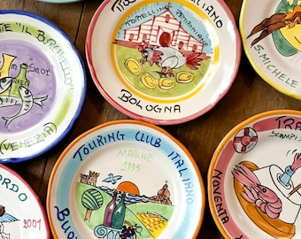 Vintage Buon Ricordo Plates | Solimene Vietri Hand-Painted Ceramic | Italian Restaurant Souvenir
