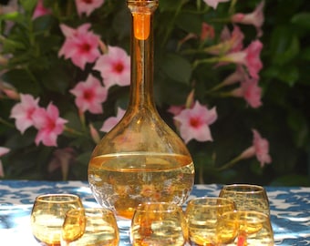 Vintage 1950s-60s Empoli Amber Glass Wine Decanter Set | Italian Mid-Century Modern Barware