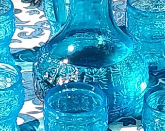 Vintage Italian Blue Glass Carafe Set: Bormioli Fidenza Flower Embossed
