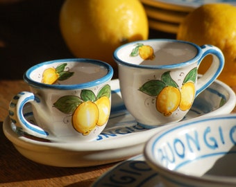 Sicilian Maiolica Espresso coffee set BUONGIORNO LIMONI designed by Italian Summers, hand-crafted in Sicily, Italy