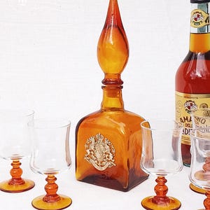 Vintage Empoli Amber Glass Decanter Set: Baroque French Liquor Glasses