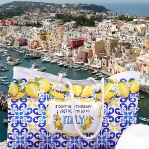 Sac de plage XL JE N'AI PAS BESOIN DE THÉRAPIE juste l'Italie, sac de plage Italie, citrons d'Amalfi, amoureux de l'Italie, mer Méditerranée, Positano, Capri, Sorrente image 1