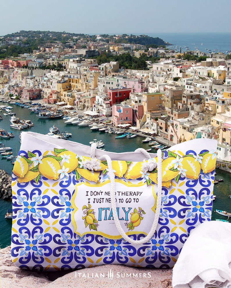 Sac de plage XL JE N'AI PAS BESOIN DE THÉRAPIE juste l'Italie, sac de plage Italie, citrons d'Amalfi, amoureux de l'Italie, mer Méditerranée, Positano, Capri, Sorrente image 1