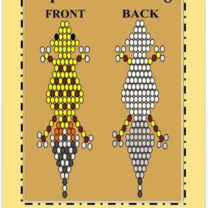 May include: A bead pattern design for a leopard gecko, showing the front and back views. The front view is yellow with brown spots, and the back view is white with grey spots.