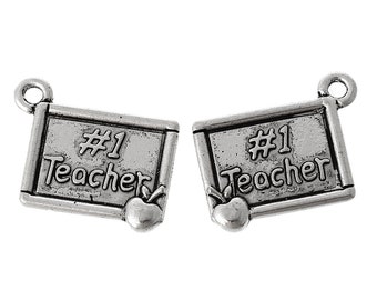 10 Silver Tone "#1 Teacher" Message Charms 20 x 17mm (B45c)